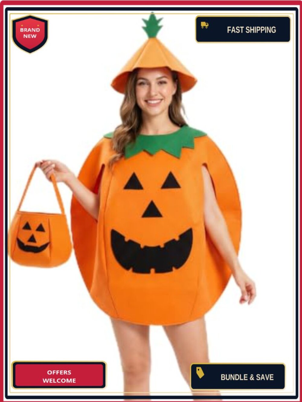 Plus Size Pumpkin Costume 3-Piece Set with Hat and Trick-or-Treat Bag Velcro